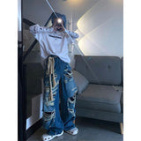 QDBAR Blue hole design high street popular high waisted jeans men y2k baggy hip hop fashion trend straight wide leg pants 2025 vintage