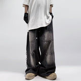 QDBAR 90s Streetwear American Style Oversized Pocket Retro Baggy Jeans Men Y2k Hip Hop Punk Wide Leg Straight Overalls Black Denim Pants Streetwear