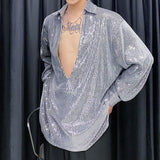 QDBAR Vintage Deep V-neck Sequined Shirt