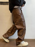 QDBAR Autumn Long Retro Cool Baggy Distressed Washed Brown Soft Pu Leather Wide Leg Pants for Men Luxury Designer Clothes