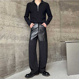 QDBAR Contrast Color Leather Straight Leg Pants