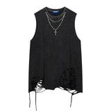 QDBAR Ripped Hem Necklace Trim Sleeveless Tank Top