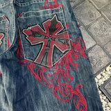 QDBAR Y2K Denim Capris New Gothic Retro Cross Graphic Embroidered Shorts Harajuku Hip Hop High Waist Casual Dark Blue Shorts Men Women