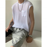 QDBAR Pleated Texture Casual Crew Neck Tank Top