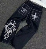 QDBAR Streetwear Baggy Jeans Men Women Harajuku Retro Flower Graphic Embroidery High Waist Trousers Goth Splicing Floor Mopping Pants