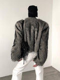 QDBAR Spring Winter Short Thick Warm Hairy Shaggy Grey Faux Fur Coat Men V Neck Long Sleeve Cool Handsome Fluffy Jacket