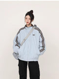 QDBAR Y2K Coat Jacket Women Harajuku Retro Striped Graphic Embroidery Oversized Trench Coat Gothic Zipper Tops Reversible Sweatshirt