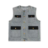 QDBAR American Vintage Men Denim Two-piece Set Patchwork Multi Pocket Vest And Jeans Pant Fashion High Street Suit Tank Tops Outfits