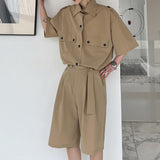 QDBAR Single Breasted Shirt And Belted Shorts Set