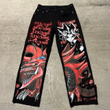 QDBAR Harajuku y2k baggy jeans blue eyes white dragon print wide leg denim pants popular anime jeans streetwear trouser men clothing