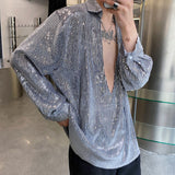 QDBAR Vintage Deep V-neck Sequined Shirt