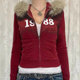 QDBAR American Y2K letter embroidered cardigan zipper high quality burgundy oversized hoodies women winter 2025 new street casual tops