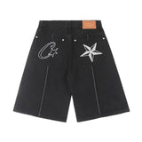 QDBAR Summer retro denim shorts men's new 2025 star embroidered hip-hop stitching washed street trend high street casual sports shorts