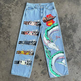 QDBAR Harajuku y2k baggy jeans blue eyes white dragon print wide leg denim pants popular anime jeans streetwear trouser men clothing