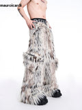 QDBAR Autumn Winter Long Colorful Thick Warm Hairy Fluffy Faux Fur Wide Leg Pants Men Pockets Runway Fashion Streetwear