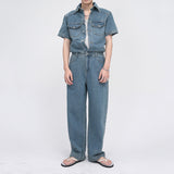 QDBAR Summer Short Sleeve Denim Jumpsuit