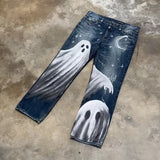 QDBAR 90s Streetwear New Retro Streetwear Loose Jeans Hip Hop Y2K Men Women Punk Blue High Waist Jeans Casual Goth Cute Graffiti Funny Wide Leg Pants