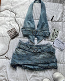 QDBAR Y2K Light Blue Two Piece Sets Womens Outfits Gothic Vintage Denim Skirt Tops Sets Harajuku Sexy Slim Halter Tops Mini Hip Skirt