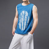 QDBAR Blue Bamboo Cotton Linen Print Tank Top