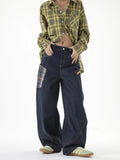 QDBAR 90s Streetwear New American Style Splicing Plaid Washed Cargo Pants Women Retro Wide Leg High Waisted Baggy Jeans Women Hip Hop Denim Pants