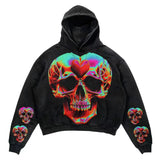 QDBAR Retro hooded sweatshirt skull print flame Y2K retro hooded pullover jacket street style goth casual fashion men's Harajuku top