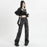 QDBAR 90s Streetwear Retro High Street Loose Wide Legs Camouflage Overalls Women 2024 New High Waist Slouchy Straight Baggy Jeans Women Streetwear