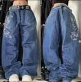 QDBAR American Skull geometric gothic pattern popular street high-waisted jeans men 2000s vintage hip-hop fashion straight baggy pants