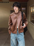 QDBAR Spring Autumn Cool Handsome Short Maillard Style Brown Pu Leather Racker Jacket Men Loose Casual Korean Fashion 2025