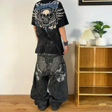 QDBAR Harajuku Hip-hop 2025 New American Retro Skull Wings Embroidered Baggy Jeans Men And Women Y2K Gothic Wide Trousers Streetwear