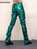 QDBAR Purple Green Shiny Reflective Skinny Stretchy Faux Leather Stacked Pants for Men Sexy Latex Trousers Y2K Streetwear