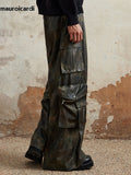 QDBAR Spring Autumn Long Baggy Colorful Distressed Brown Soft Pu Leather Wide Leg Cargo Pants Men Luxury Designer Clothing