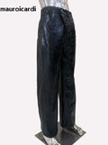 QDBAR Spring Long Black Faux Leather Pants Men High Waist Luxury Designer Pleated Pu Leather Straight Trousers Clothes