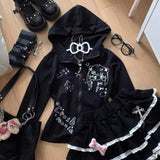 QDBAR Retro Personality Street Fashion Cat Ear Hoodie Women Y2k Goth Harajuku Retro All-match Casual Loose Oversized Zipper Sweatshirt