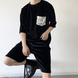 QDBAR Glitter Sequin Pocket Velvet T-Shirt Shorts Set