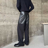 QDBAR Contrast Color Leather Straight Leg Pants