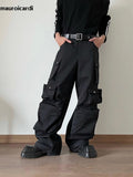 QDBAR Spring Autumn Cool Black Wide Leg Cargo Pants Multi Pockets Long Techwear Clothes Handsome Trousers Streetwear 2025