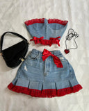 QDBAR Y2K New Fashion Outfits Denim Skirt Suit Harajuku Sexy Bow Slim Tube Tops Low Waist Mini Skirt Goth Kawaii Womens Clothing