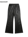 QDBAR Spring Autumn Cool Long Black Soft Pu Leather Flare Pants for Men High Waist American Retro Hippie Clothes 20023