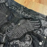 QDBAR Harajuku Hip-hop 2025 New American Retro Skull Wings Embroidered Baggy Jeans Men And Women Y2K Gothic Wide Trousers Streetwear