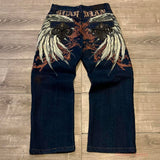 QDBAR Harajuku Hip Hop Wide Leg Jeans Vintage High Waist Rock Embroidery 3PM Baggy Jeans Y2k Women Street Pattern Straight Leg Pants