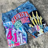 QDBAR Streetwear Fashion Trend Patch Denim Shorts Mens Womens Clothing Harajuku Gothic Baggy Shorts Retro Casual Straight Short Pants