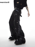 QDBAR Autumn Black Cool Leather Patchwork Wide Leg Pants for Mens Floor Length Luxury Designer Men Clothing Emo Streetwear