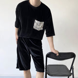 QDBAR Glitter Sequin Pocket Velvet T-Shirt Shorts Set