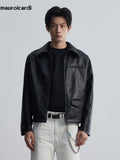 QDBAR Spring Autumn Elegant Luxury Short Black Hard Cleanfit Pu Leather Jacket Men Turn-down Collar Long Sleeve Zipper