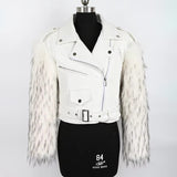 QDBAR Winter Short Thickened Warm Soft Fluffy Black Patchwork Pu Leather Biker Jacket with Faux Fur Inside and Sleeves