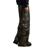 QDBAR Spring Autumn Long Baggy Colorful Distressed Brown Soft Pu Leather Wide Leg Cargo Pants Men Luxury Designer Clothing