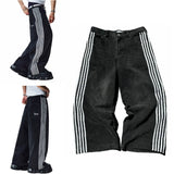 QDBAR 90s Streetwear Baggy Jeans  Harajuku Goth Y2k Jeans for Men Black  Striped New Hip Hop Embroidered Wide Leg Denim Pants High Street Streetwear