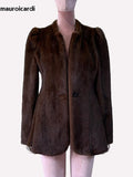 QDBAR Autumn Winter Short Brown Warm Soft Fitted Faux Mink Fur Blazer Women Elegant Luxury Chic Skirted Fluffy Jacket Coat