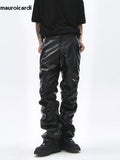 QDBAR Autumn Long Ruched Black Pu Leather Stacked Pants Men Dark Academia Vintage Clothes Steampunk Trousers Streetwear