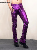 QDBAR Purple Green Shiny Reflective Skinny Stretchy Faux Leather Stacked Pants for Men Sexy Latex Trousers Y2K Streetwear